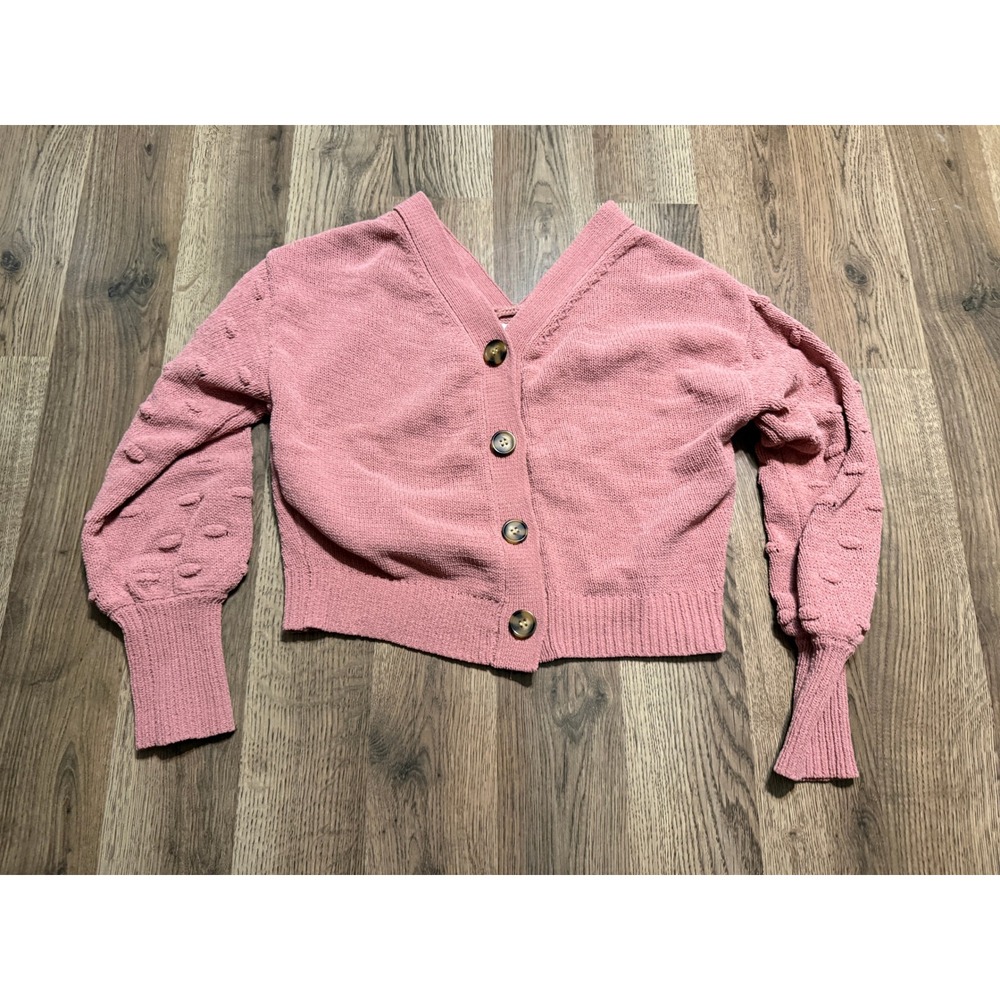 Moon & Madison Sweater Womens Size L Pink Cardigan Bobble Sleeve V-Neck Button